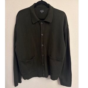 RSQ Mens Dark Green Knit Collared Button Up Cardigan Sweater Medium Preppy